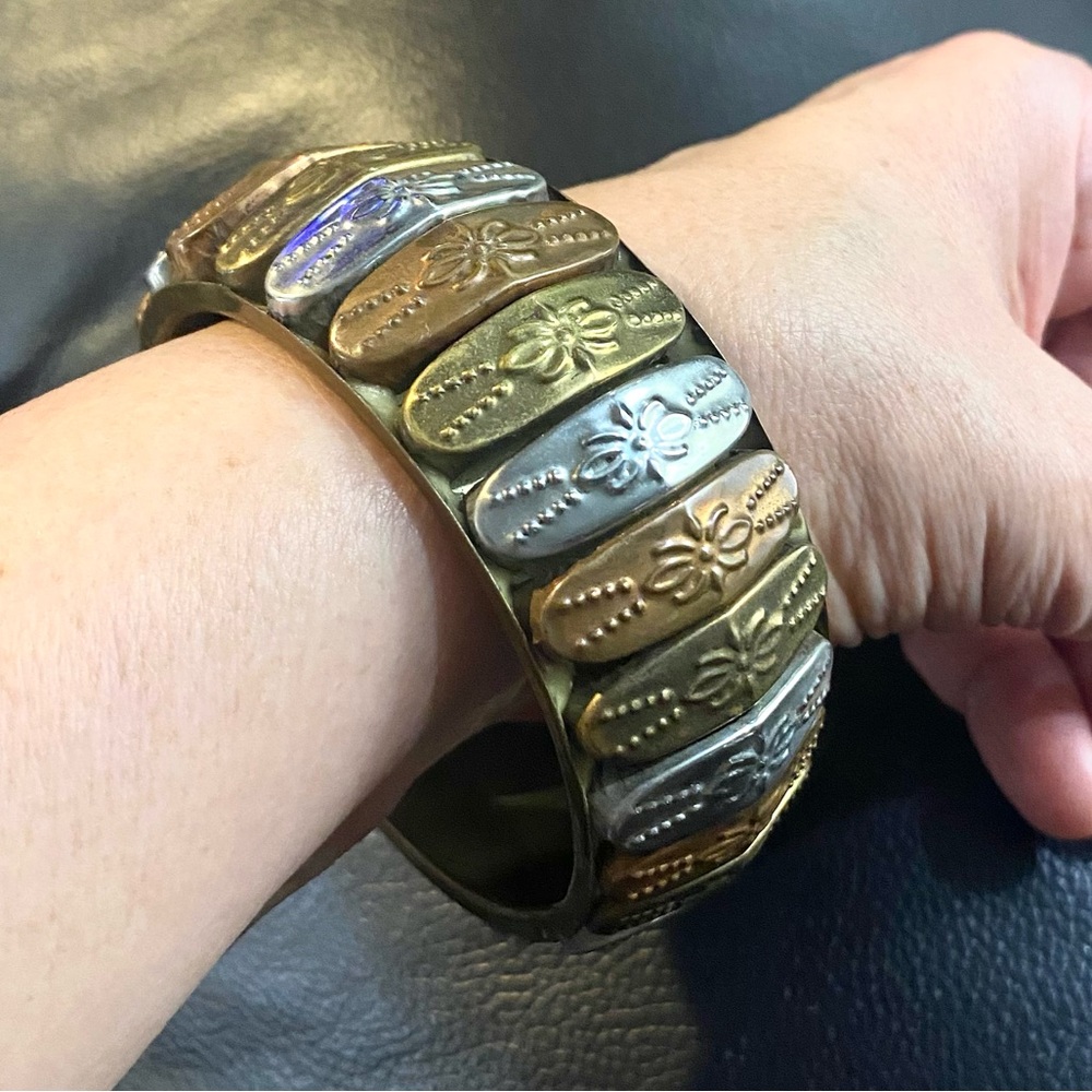 Vintage Tricolor Silver Brass Copper Protective Cuff Berber Bangle Bracelet